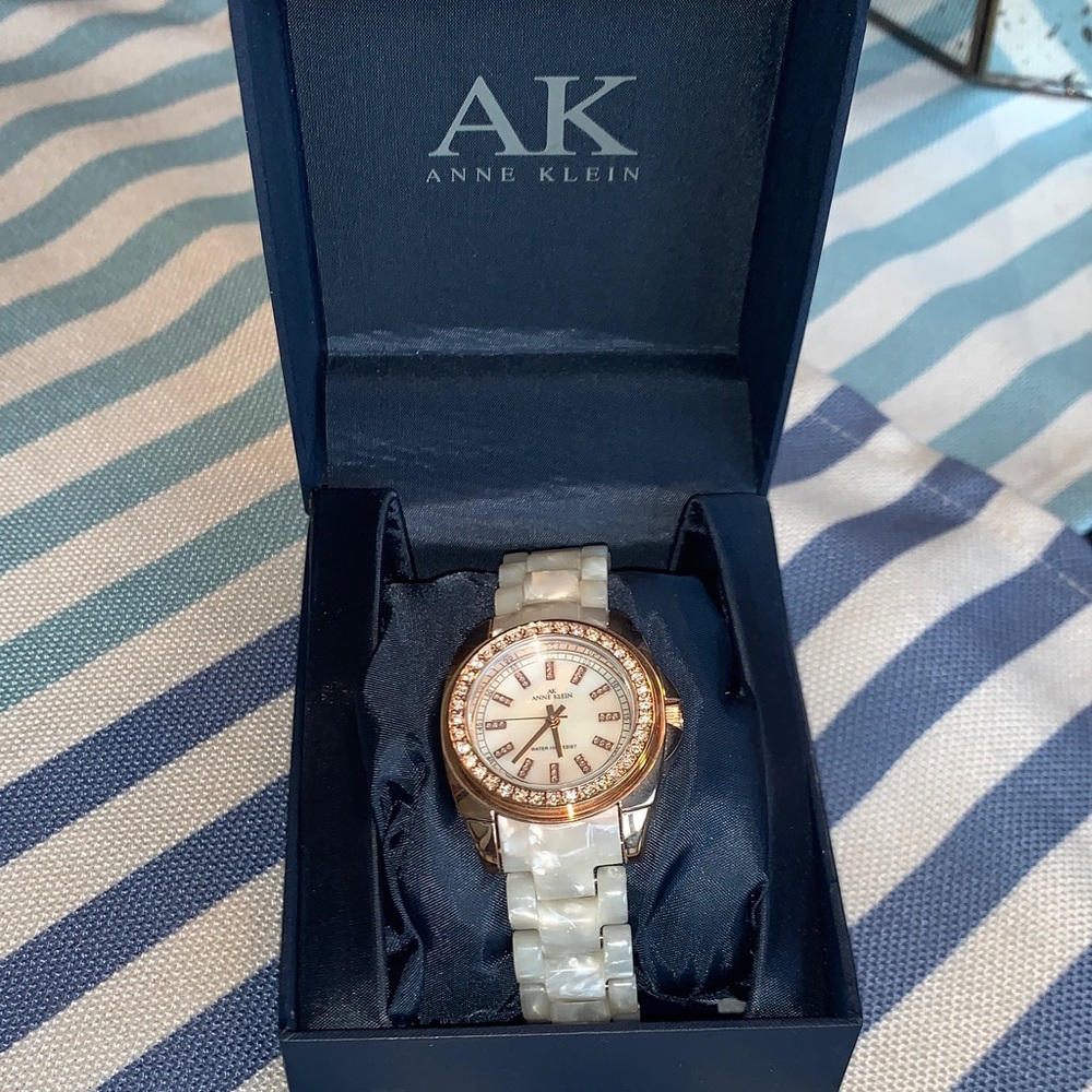 Anne Klein Pearl White and Rose Gold Watch